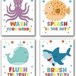 Funny Colorful Bathroom Ocean Life Quotes Art Print, Wash Splash Flush Brush Bathroom Canvas Wall Art Printing, Pufferfish Shark Whale Octopus For Kids Washroom Decor, Set of 4 8X10 inch, No Frame