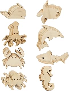 48 Pack Unfinished Wooden Ocean Sea Animal Life Cutouts,Octopus,Shark,Whale,Dolphin,Turtle,Crab,Squid,Seahorse Shapes Model for Home Decor Ornament,DIY Craft Art Project(6 PCS/Shape)