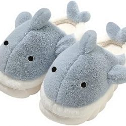 Soft Plush Whale Shark Fuzzy Slippers 1.6'' Heightening Soles for Women Men, Winter Faux Fur Cute Animal Couple Matching Home Slippers