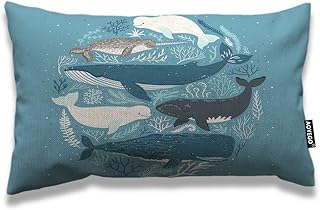 AOYEGO Fish Throw Pillow Cover 12x20 Inch Nature Nautical Ocean Sea Seaweed Coral Whale Shark Dolphin Rectangle Pillow Cases Home Decorative Cotton Linen Cushion Cover for Bed Sofa Blue