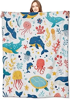 Sea Animal Blanket Colorful Marine Life Whale, Octopus, and Turtle Throw Blankets,Birthday Gifts for Kids & Ocean Lovers,Lightweight Soft Fleece for Sofa Couch Bed Room Travel Decor 50x60in