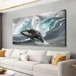 Surging Waves Whale Pictures Canvas Wall Art For Living Room Bedroom Wall Decor,Surge Wall Art Print Paitnings for Home Decor,Morden Artwork Seascape Canvas Art Waterproof Ready to Hang-20X40Inches