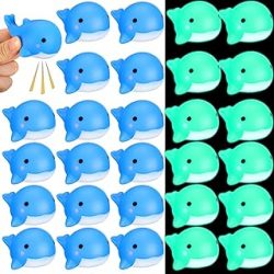 30 Pcs Whale Rubber Bath Toys Glow in The Dark Mini Sea Animal Blue Squeezable Squeak Toys for Beach Pool Shower Play Floating Favors Carnival Decoration