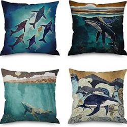 Pack of 4,Ink Painting Marine Whale Orca Blackfish Sea Animals Cotton Linen Decorative Throw Pillow Case Personalized Cushion Cover for Sofa Couch Bed Square 18 X 18 Inches (Ocean Blue)