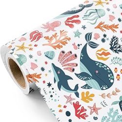 WRAPAHOLIC Ocean Wrapping Paper Roll - Mini Roll - 17 Inch x 9.8 Feet - Whales Dolphins Coralline Design for Boys Girls Kids Birthday, Baby Shower
