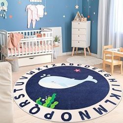Round Kids Rug for Playroom,4ft ABC Alphabet Whale Kids Rug,Non-Slip Kids Rug Play Mat,Washable Educational Classroom Rug Kids Area Carpet for Kids Room Bedroom Nursery Playroom Decor