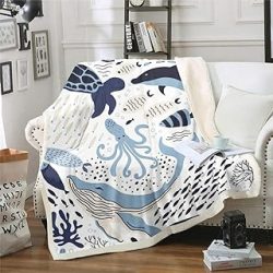 Erosebridal Turtle Blanket White Blue Whale Decor Teen Fleece Blanket,Octopus Pattern Ocean Theme Sherpa Throw Blanket Underwater Children Bedroom Decor Soft Plush Blanket, Twin 60"x80"