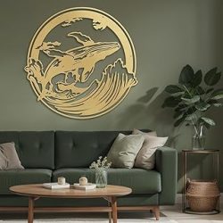 SIGNLEADER Metal Wall Art Decor Whale on Waves Minimalist Modern Abstract Wall Sculpture Hangings Home Decoration for Living Room, Bedroom, Bathroom, Kitchen, Outdoor - 30" Gold