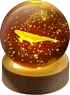 LINXIU 3D Crystal Night Light for Kids - Glass Ball with Wooden Base and Whale Decoration - LED Nightlight Gift for Bedroom Home Decor