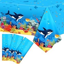 3pcs Under The Sea Ocean Animal Shark Plastic Table Cover - 106x54 Inch Ocean Waves Bubble Table Cloths for Baby Shower Beach Pool Underwater Birthday Party Decorations