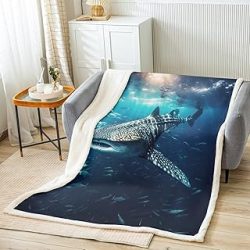 Shark Sherpa Fleece Throw Blanket - Whale Shark Ocean Marine Theme for Sofa, Couch, Bed Room Decor - Sea Underwater World Lightweight Fuzzy Plush - Twin 60x80 Inch