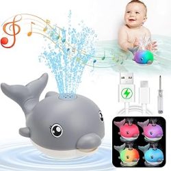 Bath Toys, Light Up Dolphin Baby Bath Toys for Babies 6-12 12-18 Months, Rechargeable Sprinkler Musical Toys, Easter Basket Stuffers Bathtub Toys for Toddlers 1-3 2-4 Boys Girls Infant Kids- Grey