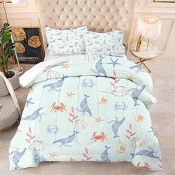 Light Blue Cute Whale Kids Comforter Set Twin Size Cartoon Ocean Bedding for All Seasons Ocean Room Decor for Kids Cute Whale Boys Girls Bedding Set with 1 Comforter+ 1 Pillowcase