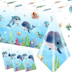 Under The Sea Tablecloth Decorations-3Pcs Ocean Waves Plastic Tablecloth Set Underwater Table Decor Ocean Animal Tablecloth Whale Table Cover Sea Life Tablecloth for Sea world Birthday Party Supplies