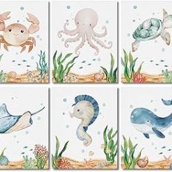 6 PCs Cute Ocean Canvas Wall Art - Framed Artwork with Sea Animals & Watercolor Nautical Theme for Bedroom, Playroom, Nursery & Classroom Decor