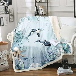 Killer Whale Orca Blanket Teal Blue Ocean Beach Coastal Throw Blanket 60"x80",Starfish Octopus Tentacles Fleece Blanket Underwater Creature Coral Bed Blanket,Kawaii Fish Room Decor for Sofa Couch