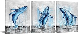 LevvArts Blue and Grey Canvas Wall Art Whale Paintings Pictures Modern Abstract Sea Animal Poster Artwork for Bathroom Bedroom Living Room Decor 12x16inchx3pcs