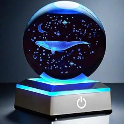 Large 3D Whale Crystal Ball Night Light with Colorful LED Touch Base Whale Figurines Decor Glass Lamp for Birthday Christmas Whale Stuff Statue Paperweight Gifts for Whale Lovers for Kids Friends
