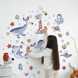 Sea Life Wall Decals by Lipastick - Peel and Stick Ocean Animal Stickers with Whale, Shark, Octopus, Turtle for Kids Room, Baby Nursery, Bathroom - Underwater Creatures Marine Nautical Decor - S Size
