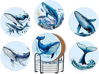 Onebttl Whale Gifts, Coaster, Ceramic, Absorbent with Cork Base, Home Decor for Family, Housewarming - Multiple Patterns