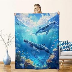 Whale Blanket for Kids Adults, Flannel Whale Blankets Gifts, Ocean Animal Whale Throw Blanket for Sofa Couch Bed Living Room Soft Warm Cozy Whale Decor 60"" x 50""