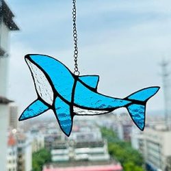 Whale Decor Stained Glass Window Hanging Bedroom Sea Beach Coastal Decor Handmade Ocean Theme Blue Glass Garden Suncatchers with Metal Chain - Gifts for Whale Lovers, Women (Whale)