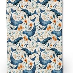 Watercolor Whale & Floral Blanket | Soft Warm Fuzzy Lightweight Flannel Throw Blanket Perfect for Couch, Bed, Decor, Travel & Outdoor, Cozy Blankets for Adults Kids Women Girls 60×50 in