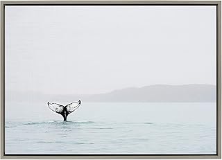 Kate and Laurel Sylvie Whale Tail in The Mist Framed Canvas Wall Art by Amy Peterson, 23x33 Gray, Coastal Animal Home Decor