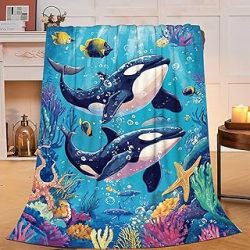 Whale Throw Blanket Ocean Orca Blanket Gifts for Kids Girls Boys Adults Women Men Soft Cozy Warm Plush Fluffy Fuzzy Fleece Blanket Decor 40''X50''