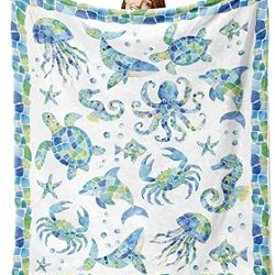 Ocean Life Mosaic Blue Flannel Throw Blanket, Coastal Whale Dolphin Octopus Sea Turtle Crab Gifts for Kids Men Women, Beach Marine Creature Soft Blanket for Bedding Sofa 50 x 60 Inches
