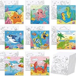 8 Packs Pre Drawn Canvas for Painting, 8" X 8" Ocean Pre Printed Canvas for Kids, Pre Stretched Canvas Outline Painting Boards for Beginners Students, Party Favor