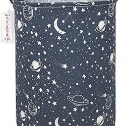 QUEENLALA Large Storage Basket,Laundry Hamper/Bathroom/Home Decor/Collapsible Round Storage Bin,Boys and Girls Hamper/Boxes/Clothing(Round-blue-starry sky)