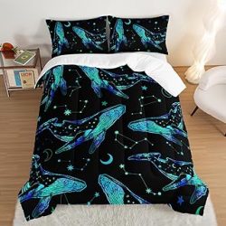 Whale Print Comforter Marine Life Bedding Set,Glowing Stars Moon Constellation Pattern Comforter Sets for Kids Boys Girls Room Decor,Cute Coastal Bedding Set Twin Size with 2 Pillowcases.