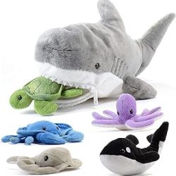PREXTEX Plush Toy Shark Stuffed Animal with 5 Sea Animals - Shark Plush Toy with Turtle, Whale, Octopus, Stingray, Crab - Giant Stuffed Animals for Kids Aged 3 and Up - Fun Gift for Sea Animal Lovers