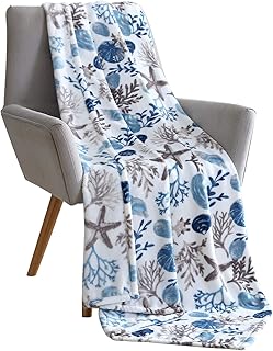 Coastal Ocean Beach Throw Blanket: Soft Plush Velvet Fleece Seashells Hues of Blue Grey on White Accent for Couch or Bed, Colored: Blue Gray Taupe White