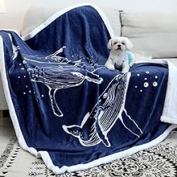 Whale Blanket, Navy Blue Ocean Throw Whales Gifts for Sea Animals Lovers Flannel Fleece Soft Cozy Blankets for Bed Couch Sofa (Whale 2, 48"x60")