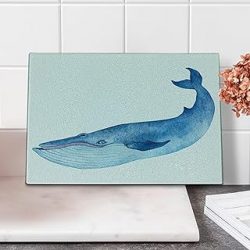 Lunarable Whale Cutting Board, Water Colored Hand Drawing Style Giant Whale Drawing Art Paint Image, Decorative Tempered Glass Cutting and Serving Board, Small Size, Blue White