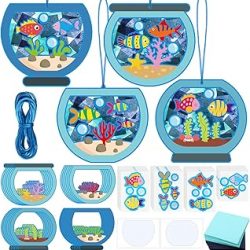 24 Sets Fishbowl Paper Crafts for Kids Summer Fish Tissue Paper Sign Craft Kit Make Your Own Aquarium DIY Paper Craft Art Projects for Kids Fun Classroom Home Activities, 4 Styles