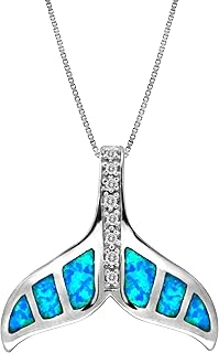 Honolulu Jewelry Company Sterling Silver Whale Tail CZ Accented Necklace Pendant with Simulated Blue Opal and 18" Box Chain