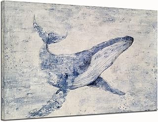 Yihui Arts Fish Canvas Wall Art Hand Painted Lovely Whale Paintings Modern Coastal Pictures in Blue and White Color Abstract Animal Artwork for Living Room Bedroom Bathroom Decor