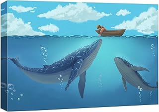 Hand Drawing Style Mystical Boy in The Boat on The Ocean with Blue Whales Gallery 16x24 inches