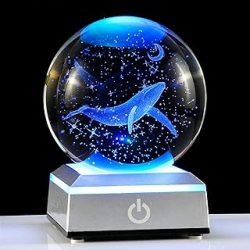 Ornalrist 3D Engraved Whale K9 Crystal Ball with Silver LED Base 3.15in. Miniatured Whale Birthday Gifts for Girlfriend Glass Home Decoration (3.15 in.)