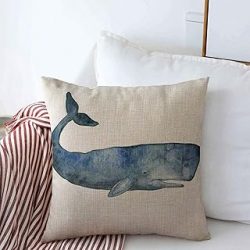 Pillow Case Watercolor Blue Painting Whale White Nature Hand Gray Big Draw Fauna Fish Design Home Decor Throw Pillows Covers 20"x20" for Winter Decorations
