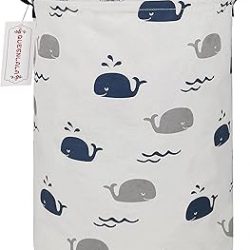 QUEENLALA Large Storage Basket,Laundry Hamper/Bathroom/Home Decor/Collapsible Round Storage Bin,Boys and Girls Hamper/Boxes/Clothing(Round-Blue Cute Whale)