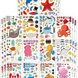 Aowplc 42 Pcs Ocean Animals Make-a-Face Sticker Sheets for Kids - 14 Sea Creature Designs for Party Favors, Classroom Activities, Arts & Crafts