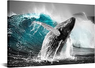 iKNOW FOTO "24x36 Surfing Waves & Whale Canvas Art Prints Black and Blue Ocean Picture Modern Seascape Painting for Living Room & Bedroom Ready to Hang