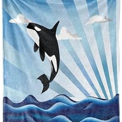 Lunarable Whale Throw Blanket, Orca Killer Whale Jumping High to The Clouds Wild Animal Art Illustration, Flannel Fleece Accent Piece Soft Couch Cover for Adults, 50" x 60", White Black